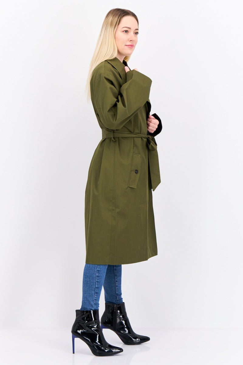 Unique21 Women Petite Solid Belted Trench Coat, Olive  - Image 2