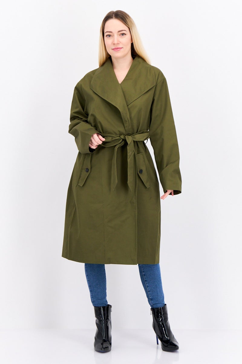 Unique21 Women Petite Solid Belted Trench Coat, Olive  - Image 1