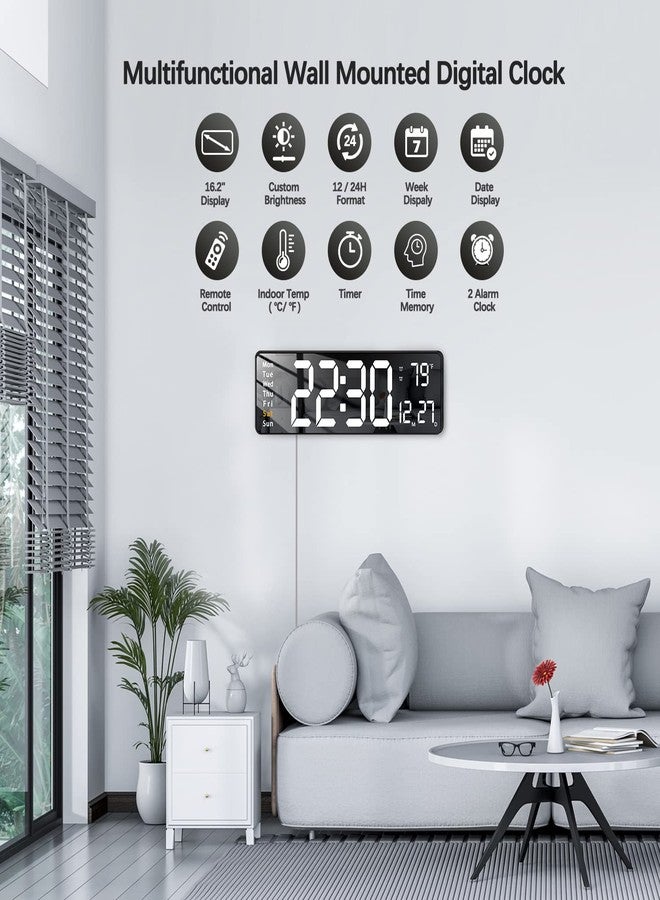 JoFomp Digital Wall Clock - Large 16 Inch LED Display, Remote Control, Alarm Clock, Automatic Brightness, Date, Week, Timer, Temperature - 12/24H - Wall Mount for Home, Office (White) - Image 4
