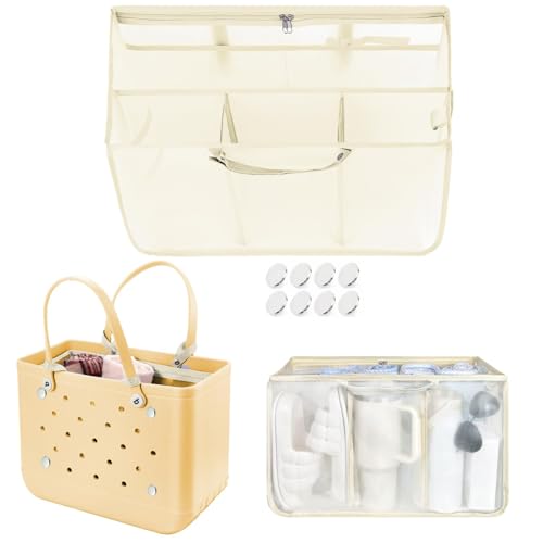 XYFuuee Beach Bag Organizer Inserts for Baby Medium Bogg Bag Accessories with 8 Removable Metal Fasteners Lightweight Mesh Insert Divider Pouch Organizing Rubber Tote Save Storage Space Khaki M - Image 1