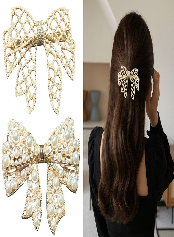 Luxelocks Pack of 2 pcs Elegant Pearl Bow Hair Clip, Gold-Toned Metal Frame, Decorative Hair Accessory for Special Occasions - Image 2