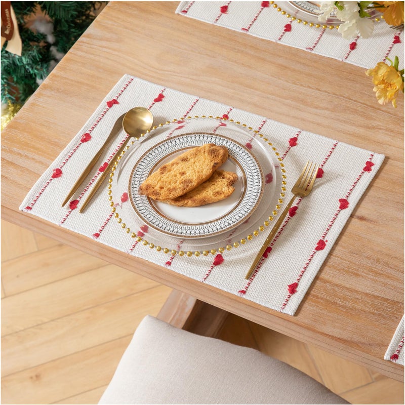Caflife Christmas Placemats Set of 4, Cotton Linen Woven Table Mats for Modern Dining Table, 13x19 Inch Rustic Kitchen Christmas Decor Red Place Mats - Image 1