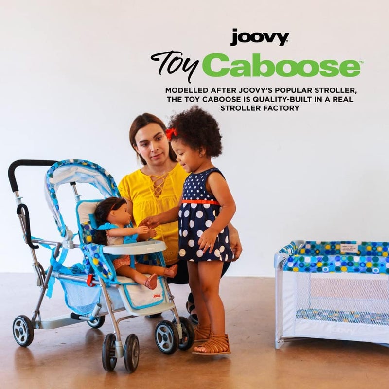 Joovy Toy Caboose Baby Doll Stroller Featuring Reclining Front Seat Adjustable Footrest Storage Basket Extendable Canopy and Snack Tray  Holds 3 Dolls Blue Dot - Image 3