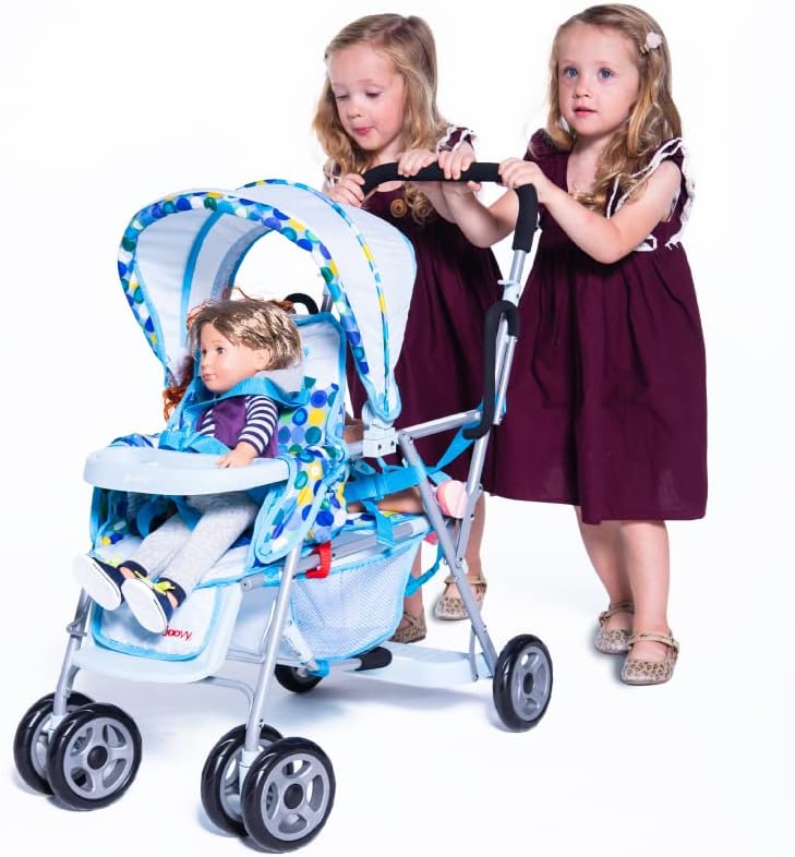 Joovy Toy Caboose Baby Doll Stroller Featuring Reclining Front Seat Adjustable Footrest Storage Basket Extendable Canopy and Snack Tray  Holds 3 Dolls Blue Dot - Image 1
