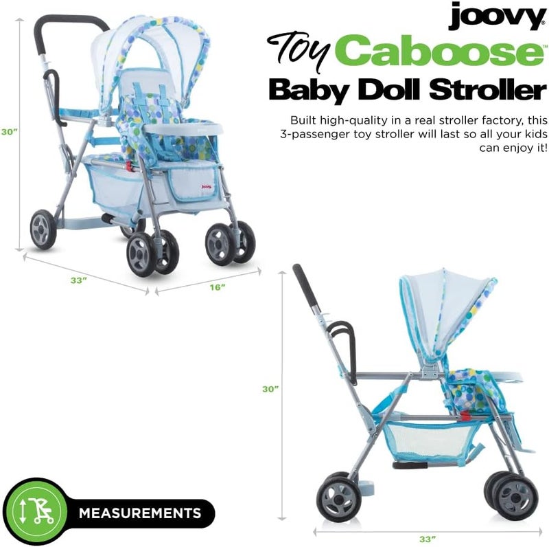 Joovy Toy Caboose Baby Doll Stroller Featuring Reclining Front Seat Adjustable Footrest Storage Basket Extendable Canopy and Snack Tray  Holds 3 Dolls Blue Dot - Image 2