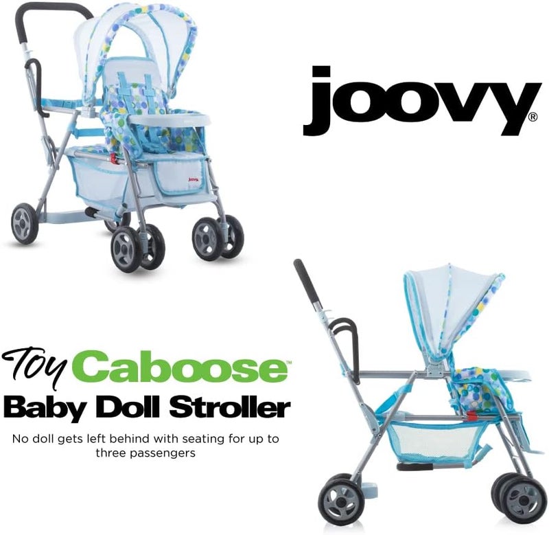 Joovy Toy Caboose Baby Doll Stroller Featuring Reclining Front Seat Adjustable Footrest Storage Basket Extendable Canopy and Snack Tray  Holds 3 Dolls Blue Dot - Image 4