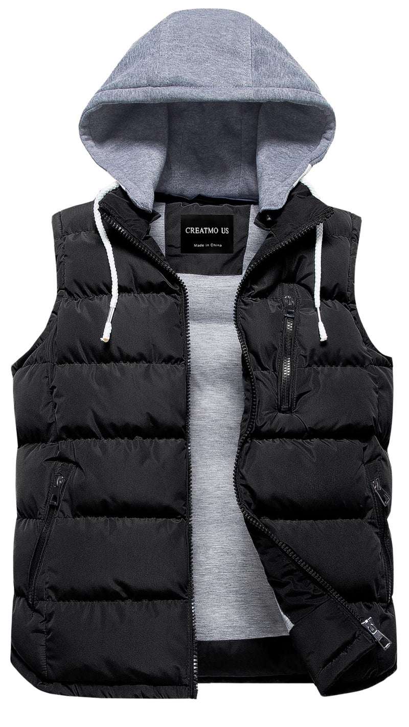 CREATMO US Womens Thicken Winter Plus Size Vest Quilted Warm Puffy Vest Jacket With Detachable Hood Black 2XL