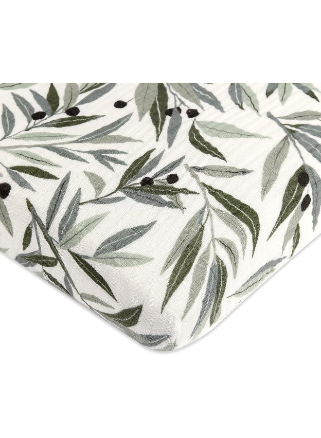 babyletto Babyletto 100% Organic Cotton Mini Crib Sheet, GOTS-Certified, Fitted 360°, Ultra-Soft and Breathable Muslin - Olive Branches - Image 1