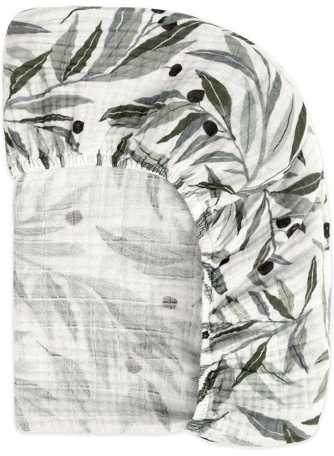 babyletto Babyletto 100% Organic Cotton Mini Crib Sheet, GOTS-Certified, Fitted 360°, Ultra-Soft and Breathable Muslin - Olive Branches - Image 5