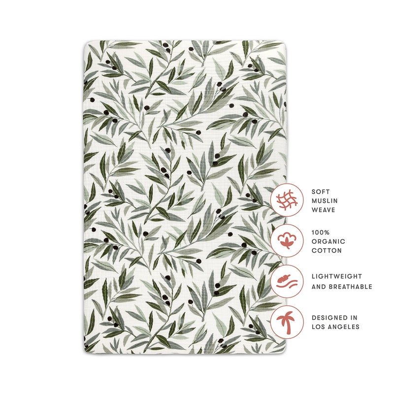Babyletto 100% Organic Cotton Mini Crib Sheet, GOTS-Certified, Fitted 360°, Ultra-Soft and Breathable Muslin - Olive Branches - Image 4