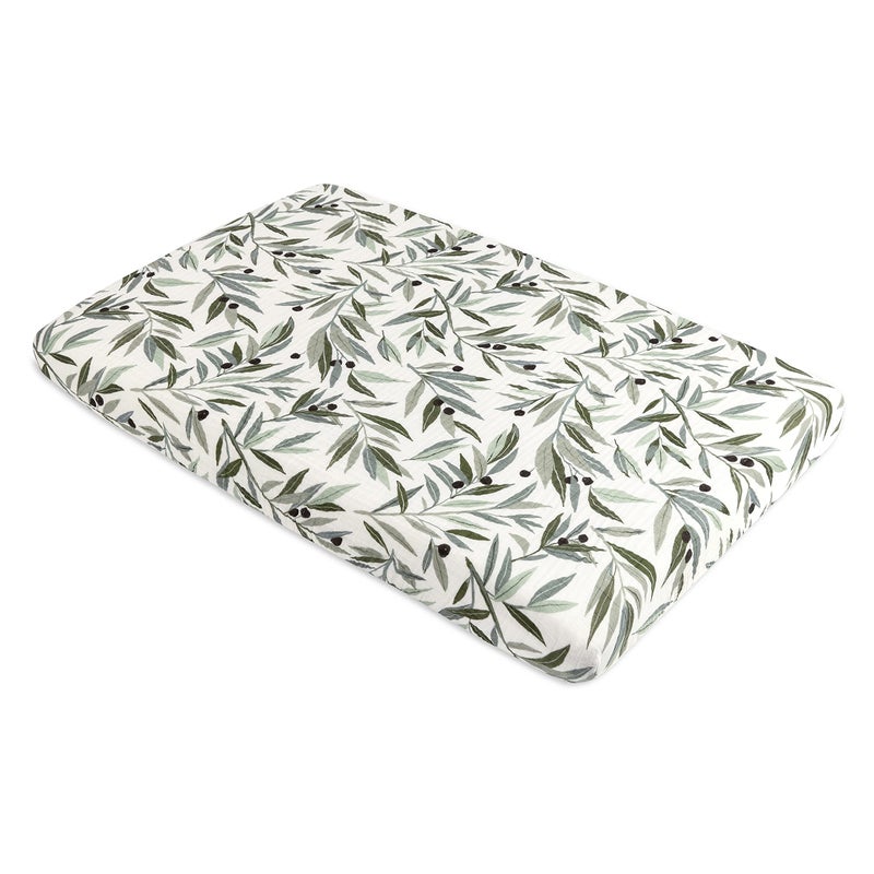 Babyletto 100% Organic Cotton Mini Crib Sheet, GOTS-Certified, Fitted 360°, Ultra-Soft and Breathable Muslin - Olive Branches - Image 2