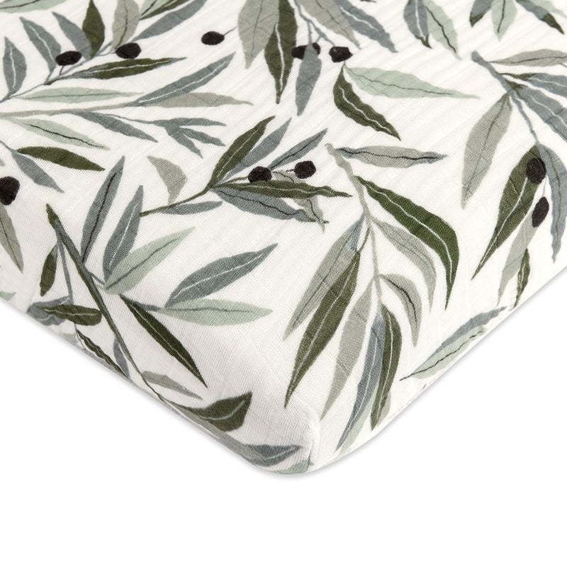 Babyletto 100% Organic Cotton Mini Crib Sheet, GOTS-Certified, Fitted 360°, Ultra-Soft and Breathable Muslin - Olive Branches - Image 1