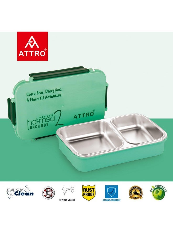 ATTRO Hot-Meal 2 Insulated Lunch Box with 2 Compartment, Inner Stainless Steel & Locking Lid BPA-Free Food Grade Ideal for School, Office - 800ml Green - Image 3