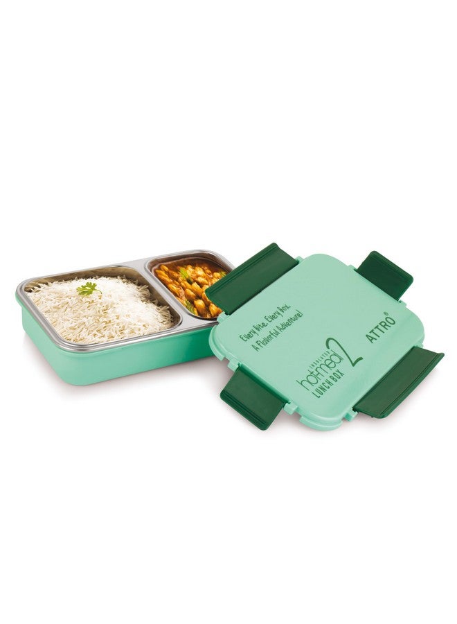 ATTRO Hot-Meal 2 Insulated Lunch Box with 2 Compartment, Inner Stainless Steel & Locking Lid BPA-Free Food Grade Ideal for School, Office - 800ml Green - Image 1