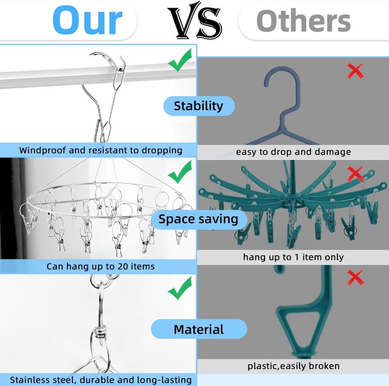 DARUITE Sock Hanger for Washing Line, 20 Clips Underwear Dryer with Pegs,Stainless Steel Clothespins Drip Hanger,Metal Laundry Drying Rack for Socks,Diapers,Tank Tops and Underwear(1 Packs) Multi-budget available picks - Image 5