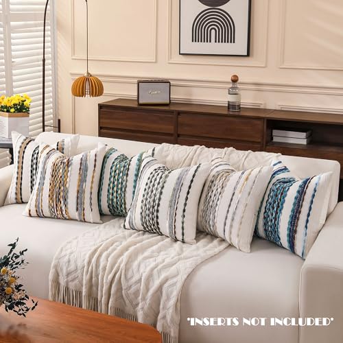 KOOLIFE Boho Striped Throw Pillow Covers 18x18 Inch Set of 2 Farmhouse Square Decorative Pillow Covers Chenille Tufted Accent Neutral Pillowcase Blue Cushion Cover for Living Room Couch Sofa Bed - Image 3