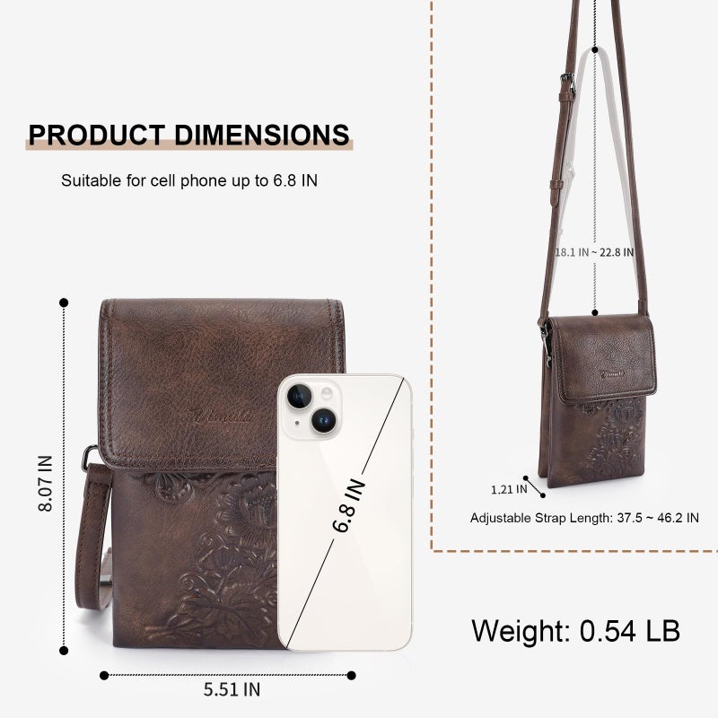 VIMUTI Small Crossbody Bags for Women Trendy Vegan Leather Cell Phone Bag Embossed Flower Design Wallet Purses with Adjustable Strap Coffee - Image 5