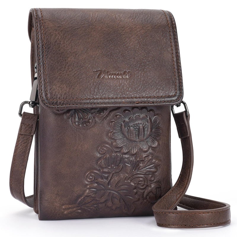 VIMUTI Small Crossbody Bags for Women Trendy Vegan Leather Cell Phone Bag Embossed Flower Design Wallet Purses with Adjustable Strap Coffee - Image 1