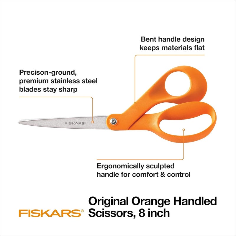 Fiskars 8 Original OrangeHandled Stainless Steel Scissors Ergonomic and Keeps Material Flat Sharp AllPurpose Paper and Fabric Scissors for Office Arts and Crafts