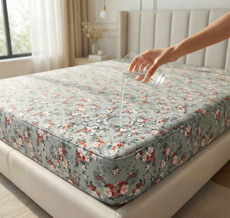 VAS COLLECTIONS Waterproof Mattress Protector/Fitted Bedsheet King Size (78x72+8 inches) with 2 Pillow Covers | All-Round Elastic (Light Green, White & Red, Waterproof Fitted Bedsheet (78 X72 inch)) - Image 1