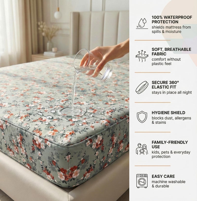 VAS COLLECTIONS Waterproof Mattress Protector/Fitted Bedsheet King Size (78x72+8 inches) with 2 Pillow Covers | All-Round Elastic (Light Green, White & Red, Waterproof Fitted Bedsheet (78 X72 inch)) - Image 5