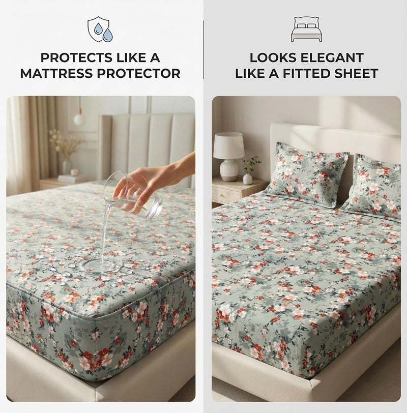 VAS COLLECTIONS Waterproof Mattress Protector/Fitted Bedsheet King Size (78x72+8 inches) with 2 Pillow Covers | All-Round Elastic (Light Green, White & Red, Waterproof Fitted Bedsheet (78 X72 inch)) - Image 3