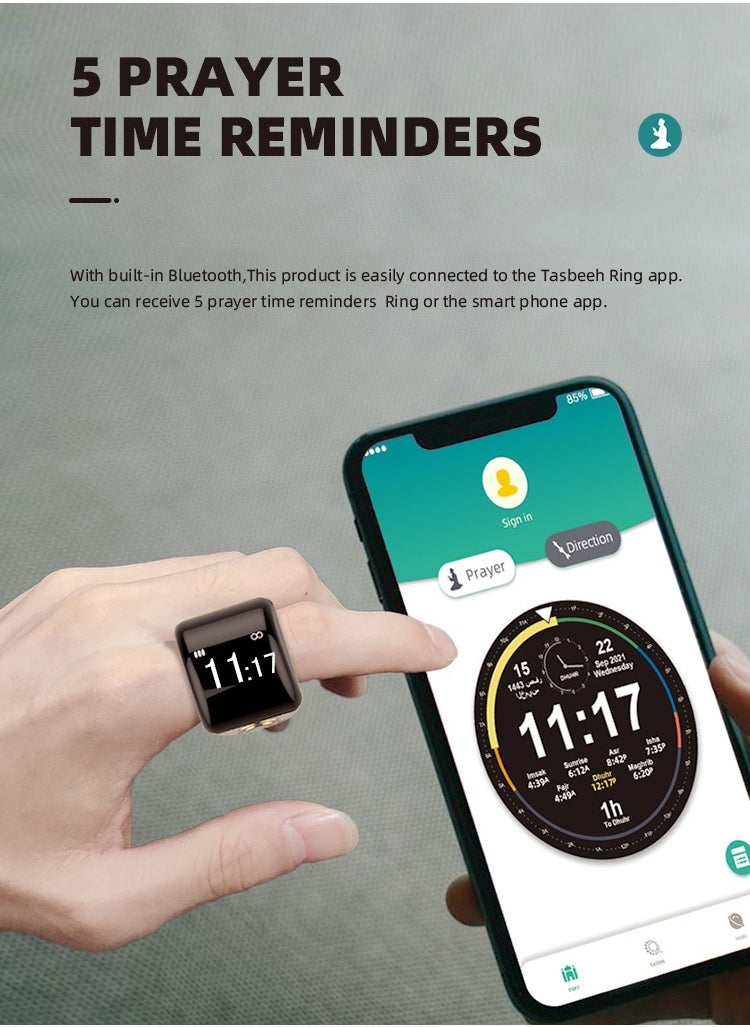 Equantu - 18mm Smart Ring with Vibration Reminder Tasbih Counter and Bluetooth Connection for Exclusive IQIBLA App and 5 Daily Prayer Reminders - Image 1