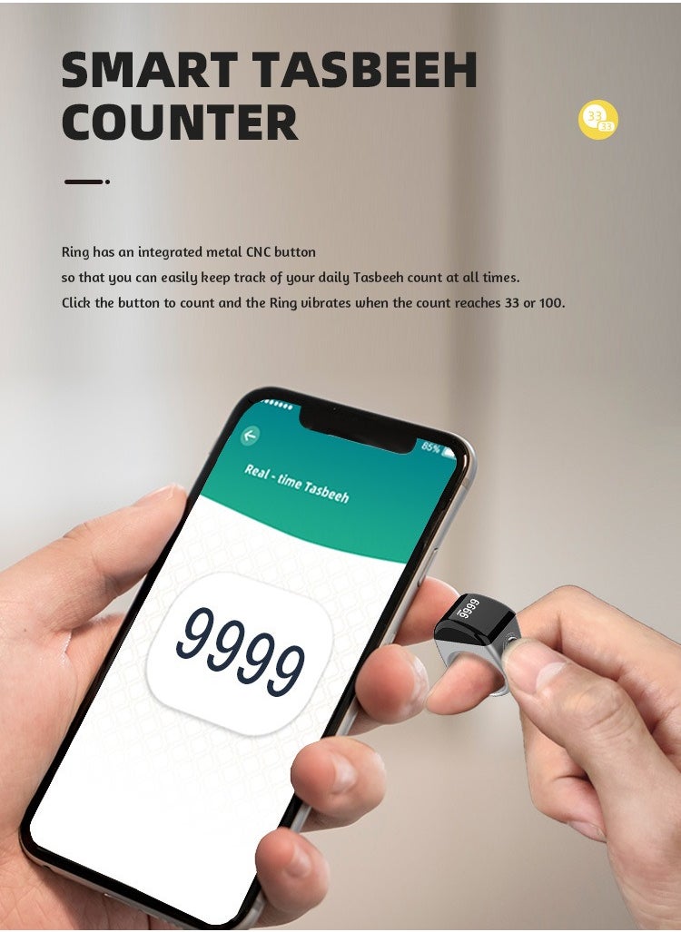 Equantu - 18mm Smart Ring with Vibration Reminder Tasbih Counter and Bluetooth Connection for Exclusive IQIBLA App and 5 Daily Prayer Reminders - Image 1