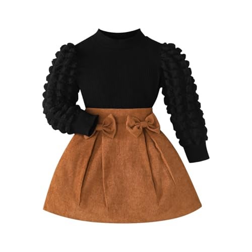 Noubeau Toddler Girl Outfits Girls Puff Sleeve Knit Ribbed Shirt Tops Corduroy Skirt Set Kids Fall Winter Clothes(Brown,5 Years) - Image 1