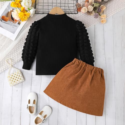 Noubeau Toddler Girl Outfits Girls Puff Sleeve Knit Ribbed Shirt Tops Corduroy Skirt Set Kids Fall Winter Clothes(Brown,5 Years) - Image 3