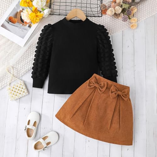 Noubeau Toddler Girl Outfits Girls Puff Sleeve Knit Ribbed Shirt Tops Corduroy Skirt Set Kids Fall Winter Clothes(Brown,5 Years) - Image 2