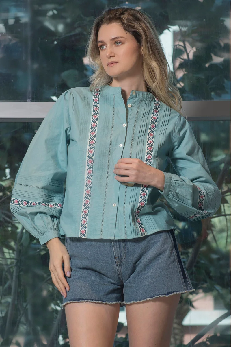 فيرجيو Cotton Pintucks Brunchwear Block Print Shirts for Women
