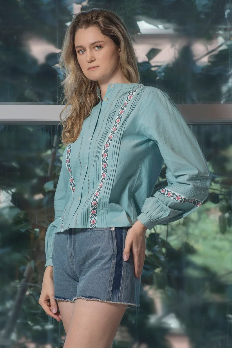 فيرجيو Cotton Pintucks Brunchwear Block Print Shirts for Women