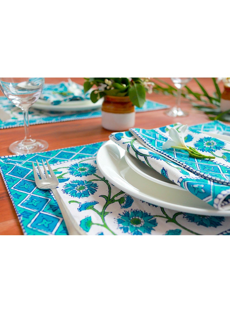 OJARIYA 12 Piece Teal Hand Block Printed Canvas Cotton Table Placemats & Soft Cotton Napkin Set  - Image 3