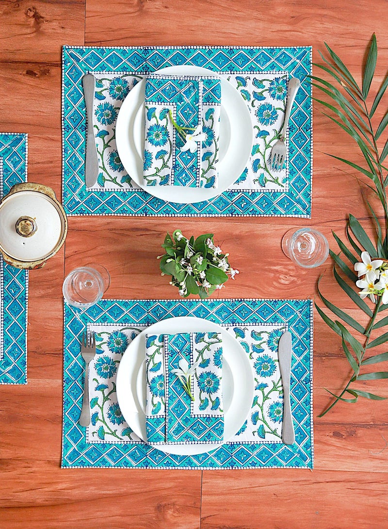 OJARIYA 12 Piece Teal Hand Block Printed Canvas Cotton Table Placemats & Soft Cotton Napkin Set  - Image 2
