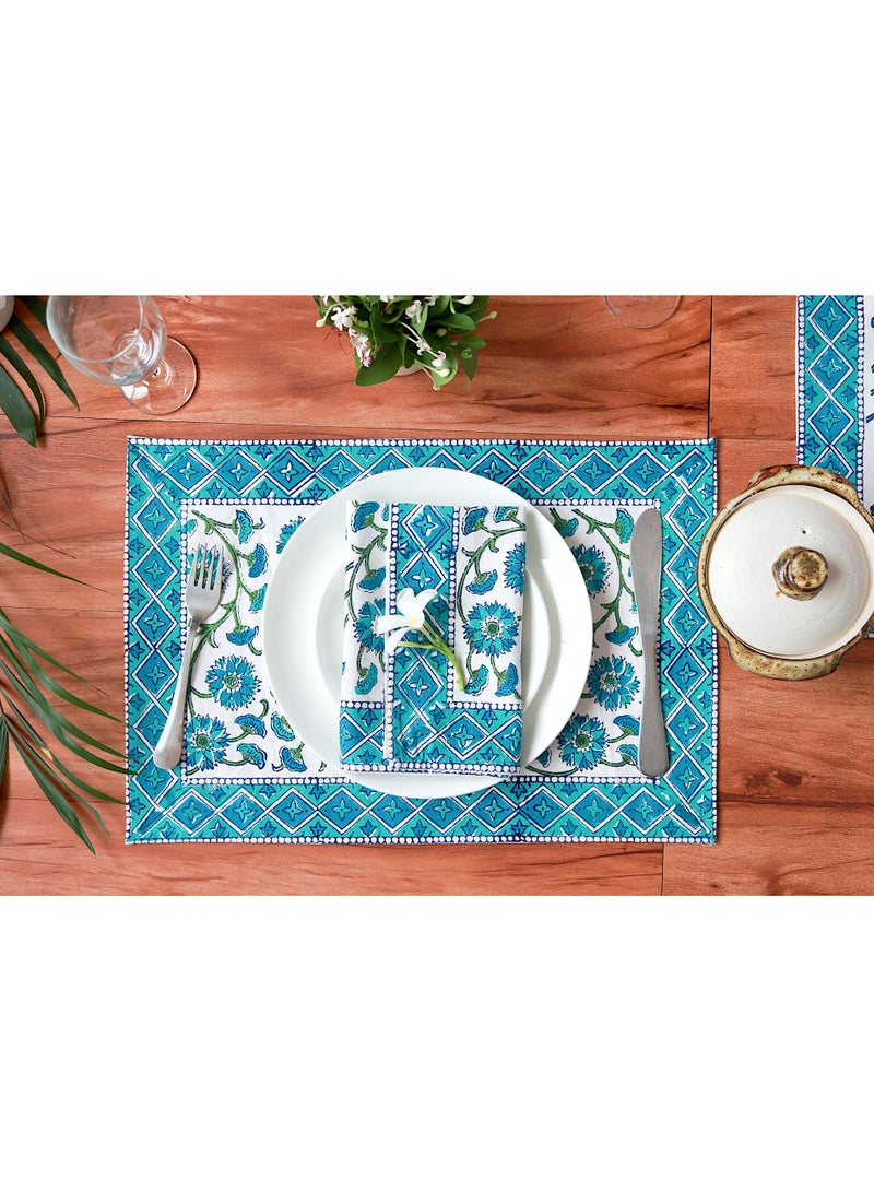 OJARIYA 12 Piece Teal Hand Block Printed Canvas Cotton Table Placemats & Soft Cotton Napkin Set  - Image 1