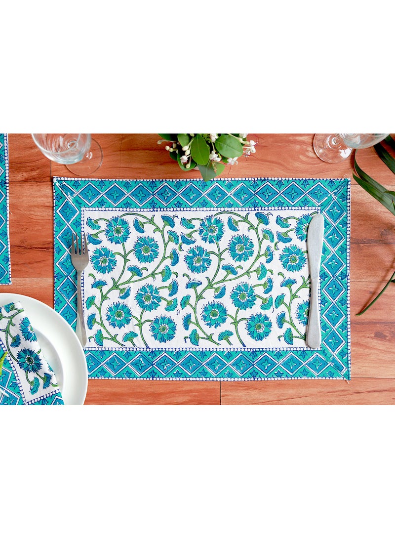 OJARIYA 12 Piece Teal Hand Block Printed Canvas Cotton Table Placemats & Soft Cotton Napkin Set  - Image 4