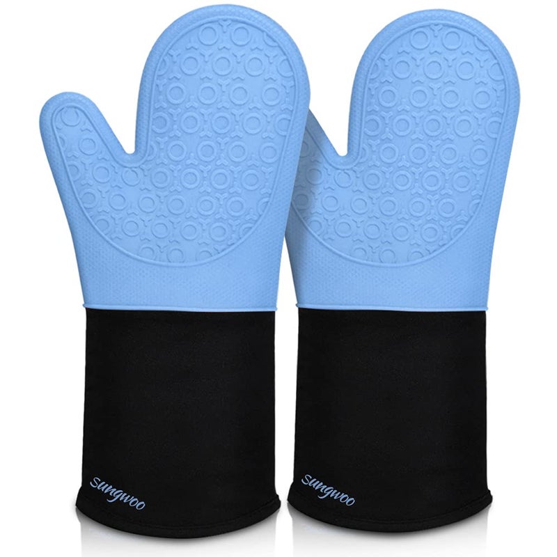 sungwoo Extra Long Silicone Oven Mitts Heat Resistant Oven Gloves with Quilted Liner NonSlip Textured Grip Perfect for BBQ Baking Cooking and Grilling 1 Pair 146 Inch Sky Blue Black
