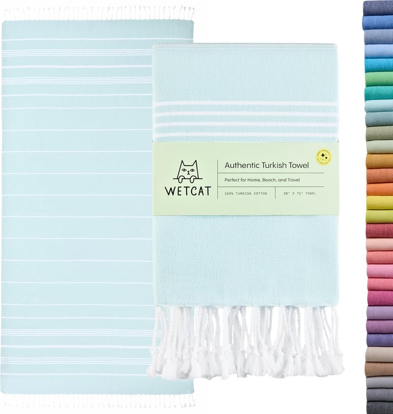ويت كات منشفة شاطئ تركية WETCAT كبيرة الحجم 38 × 71 100% قطن خالية من الرمال سريعة الجفاف كبيرة جدًا خفيفة للسفر للبالغين إكسسوارات شاطئ هدايا - أزرق مائي موفر للجهد أثناء الاستخدام - Image 1