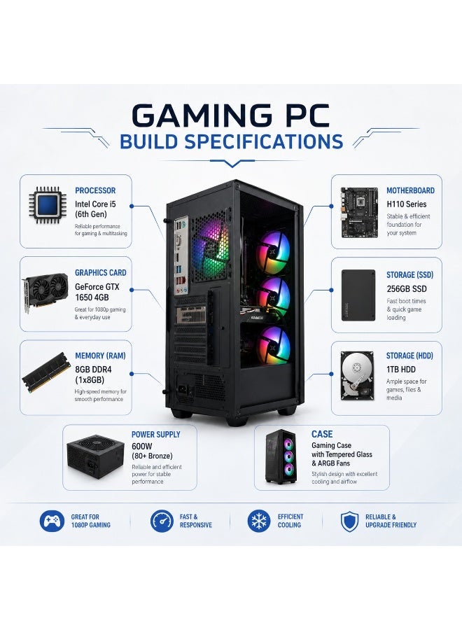 كمبيوتر Gaming بمعالج Intel Core i5 الجيل السادس وكارت GTX 1650 4GB وذاكرة 8GB DDR4 وSSD 256GB + HDD 1TB ومزود طاقة 600W - Image 2