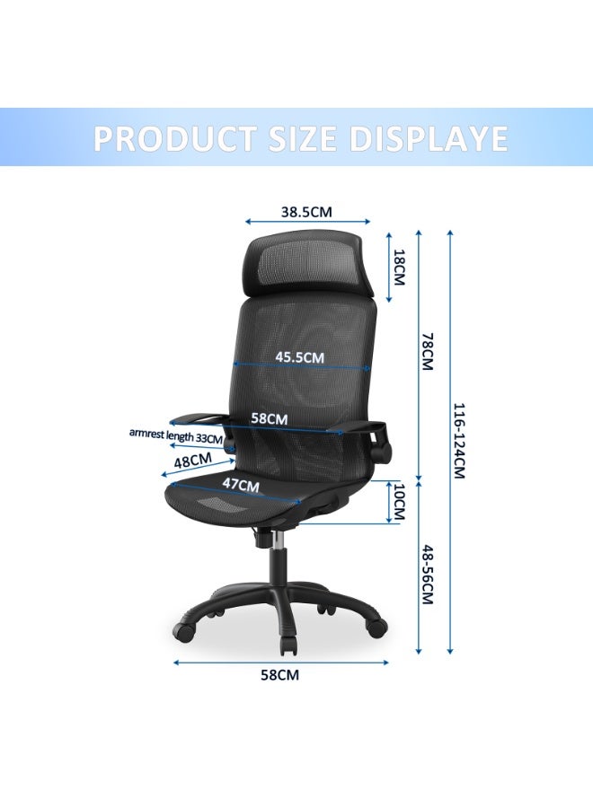 NEWLAN Office Chair with High Elasticity Breathable Mesh - Foldable Armrests, Adjustable Backrest - 90°/105° Posture Modes & Robust Load-Bearing Capacity. Ergonomic Chair Black 116/124*58*47cm - Image 2
