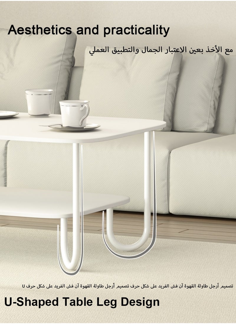 آن فش طاولة قهوة 100*50*41.5 سم مع طبقة مزدوجة MDF مع سعة تخزين كبيرة رف مفتوح لغرفة المعيشة المنزلية باللون الأبيض  - Image 4