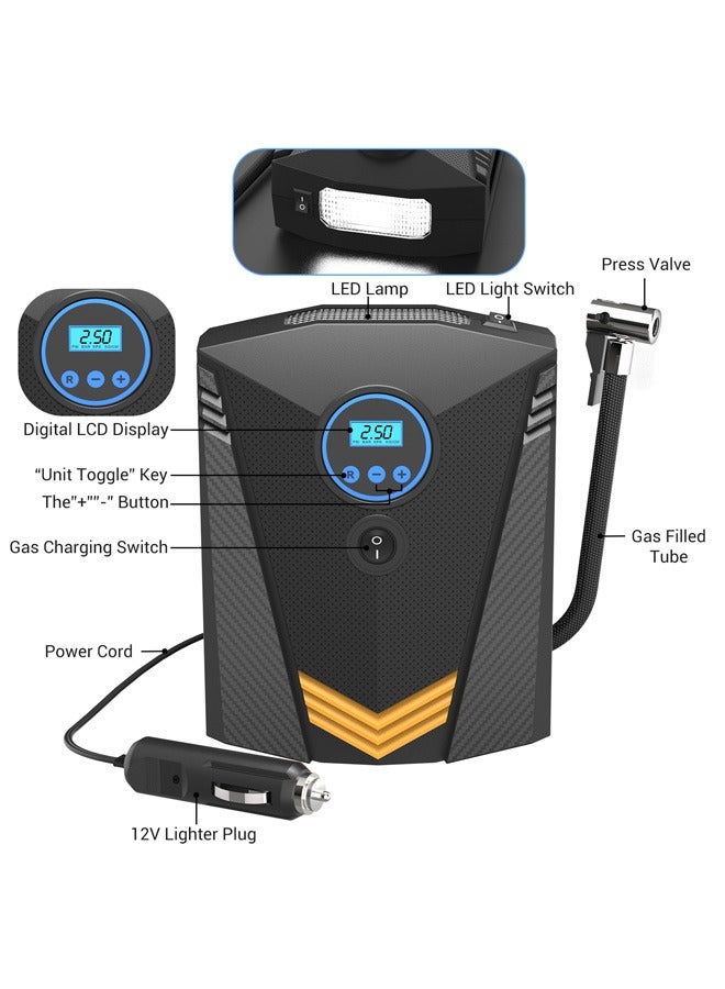 Digital Car Tyre Inflator Air Compressor, with Auto Stop and LED Light ，Portable 150PSI DC12V Air Pump 9.5FT Cord with Digital Pressure Display and 3 Nozzle, Valve Adaptors for Car/Bike/Ball/Motorbike - Image 5