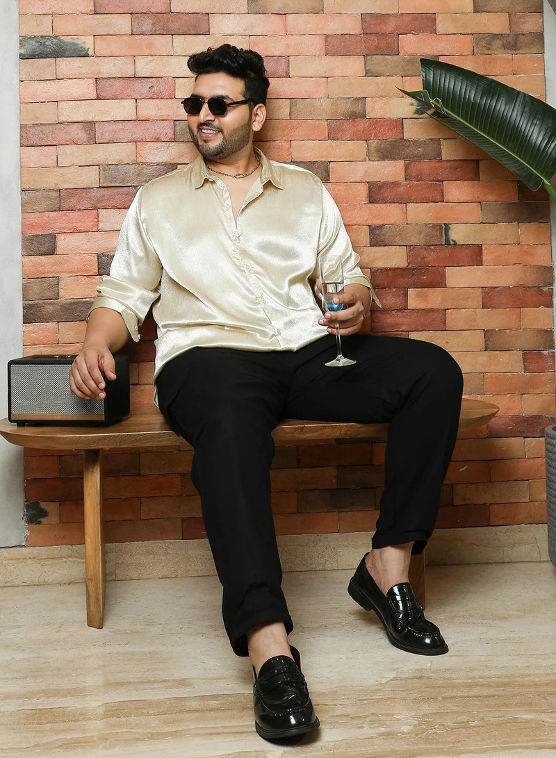 Instafab Plus  Men's Cream White Solid Satin-Weave Shirt | Spread Collar , Long Cuffed Sleeves , Button Closure , Curved Hemline | Solid Satin Viscose Material For Evening & Party Wear for Men | Best Price UAE