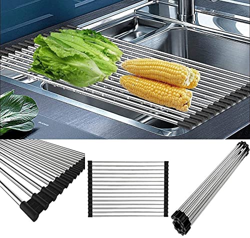 SHUYUE Roll up Dish Drying Rack Over The Sink Portable Stainless Still Rolling Rack Folding Mat for Kitchen Counter (Black, 17.7''LX11.2''W) - Image 3