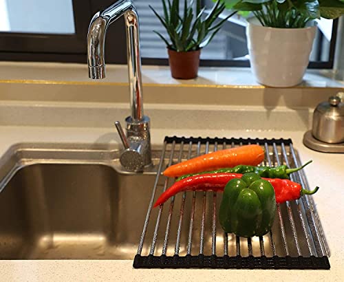 SHUYUE Roll up Dish Drying Rack Over The Sink Portable Stainless Still Rolling Rack Folding Mat for Kitchen Counter (Black, 17.7''LX11.2''W) - Image 4