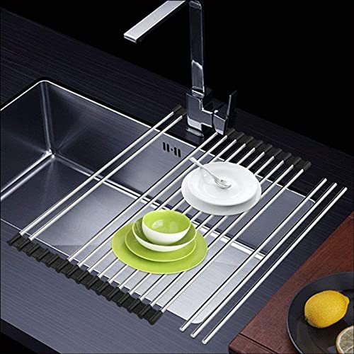 SHUYUE Roll up Dish Drying Rack Over The Sink Portable Stainless Still Rolling Rack Folding Mat for Kitchen Counter (Black, 17.7''LX11.2''W) - Image 5