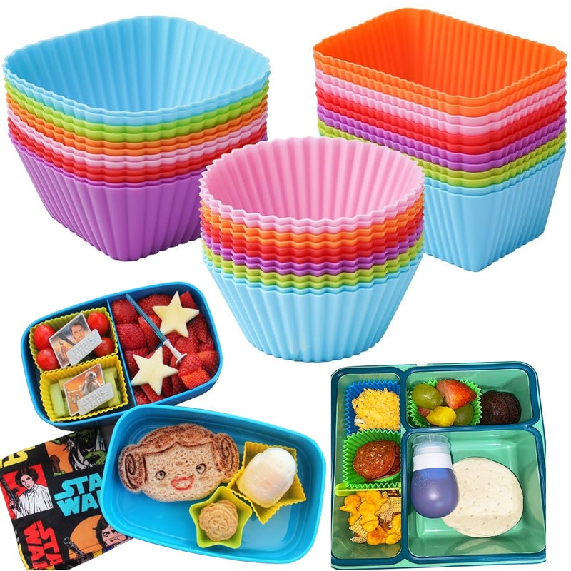 Doiaz Silicone Bento Lunch Box Dividers 3 Shapes of Standard Round Square Rectangle Reusable Silicone Cupcake Liners NonStick Muffin Cups for Baking