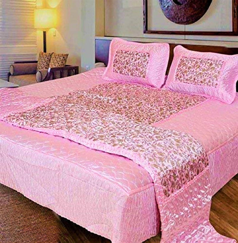 ManavRachit 310 TC Satin Luxury Gold Printed Quilted Microfibre King Size Wedding Bedding Bedsheet Set Set of 4 Pieces for Home Living Room Pink Jaal - Image 3