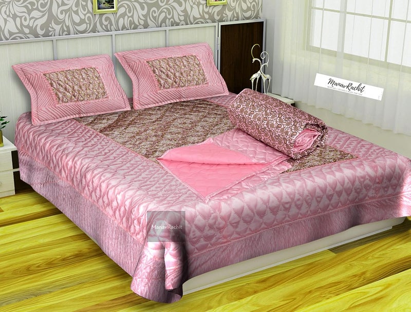 ManavRachit 310 TC Satin Luxury Gold Printed Quilted Microfibre King Size Wedding Bedding Bedsheet Set Set of 4 Pieces for Home Living Room Pink Jaal - Image 1